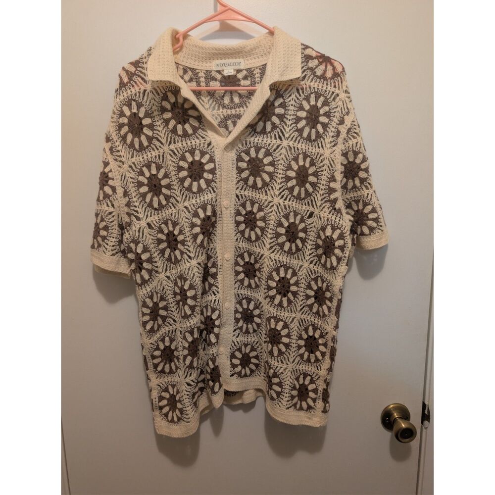 Morsecode Men's Large Brown Cream Crochet Button Front Shirt Short Sleeve